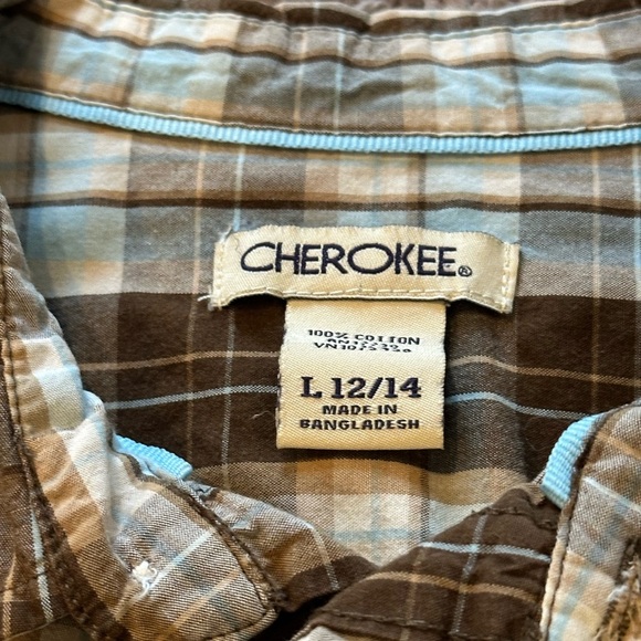 Cherokee Boys Brown Blue Plaid Long Sleeve Cotton Button Down Shirt Size 12/14 - Picture 5 of 5